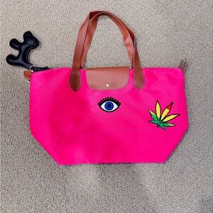Repurposed Pink Tote Bag with Eye and Leaf Design